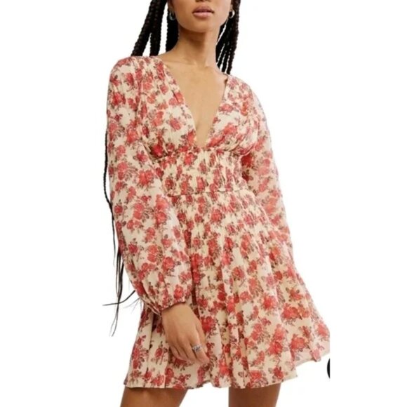 NEW Free People Women's Keep You Smocked Mini Dress Ivory Combo Small NWT - Picture 1 of 8